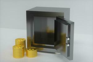 Mechanical safe, with shiny golden coins beside, 3d rendering. photo