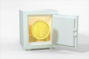 Mechanical safe, with shiny golden coins inside, 3d rendering. photo