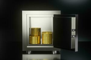 Mechanical safe, with shiny golden coins inside, 3d rendering. photo