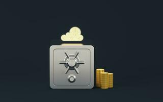 Gold coins and safe box with dark background, 3d rendering. photo