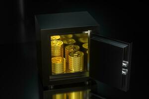 Mechanical safe, with shiny golden coins inside, 3d rendering. photo