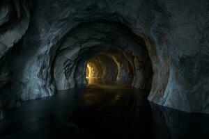 The dark rock tunnel with light illuminated in the end, 3d rendering. photo