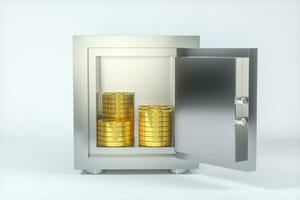 Mechanical safe, with shiny golden coins inside, 3d rendering. photo