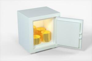 Mechanical safe, with shiny golden coins inside, 3d rendering. photo