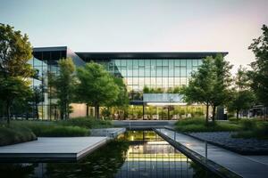 Eco-friendly building in the modern city. Sustainable glass office building with tree for reducing carbon dioxide. Office building with green environment. Corporate building reduce CO2. Generative AI. photo