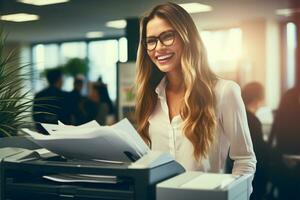 Office worker prints paper on multifunction laser printer. Document and paperwork concept. Secretary work. Smiling woman working in business office. Copy, print, scan, and fax machine. Generative AI. photo