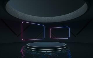 Neon light and stage in the round room, 3d rendering. photo