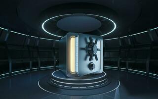 Safe box in the futuristic room, 3d rendering. photo