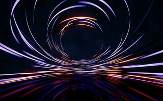 Glowing round illuminated lines with motion blur, 3d rendering. photo