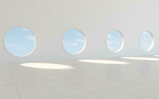 Empty white room with round window, 3d rendering. photo