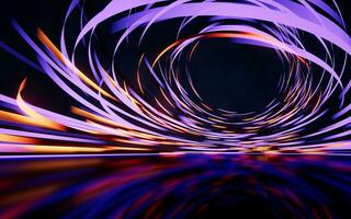 Glowing round illuminated lines with motion blur, 3d rendering. photo