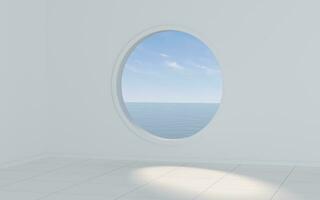 Empty white room with round window, 3d rendering. photo