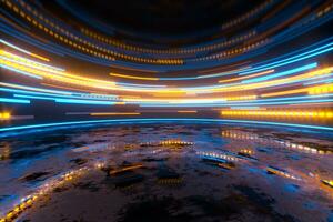 Glowing round illuminated lines in the dark round room, 3d rendering. photo