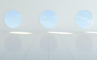 Empty white room with round window, 3d rendering. photo