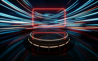 Glowing round illuminated lines with motion blur, 3d rendering. photo