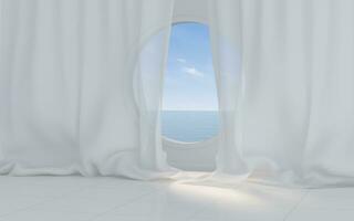 Empty white room with round window, 3d rendering. photo