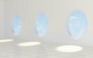 Empty white room with round window, 3d rendering. photo