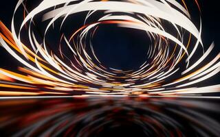 Glowing round illuminated lines with motion blur, 3d rendering. photo