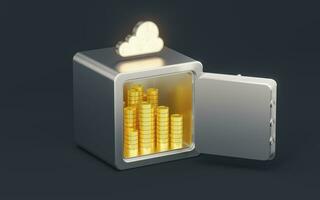 Safe box and gold coins with dark background, 3d rendering. photo