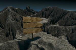 Empty wooden guide board and mountain road, 3d rendering. photo