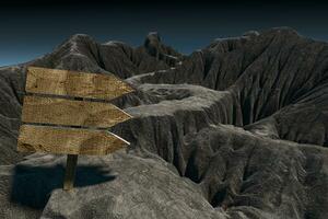 vacío de madera guía tablero y montaña camino, 3d representación. foto