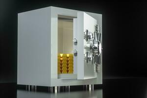 Mechanical safe, with gold bar inside, 3d rendering. photo