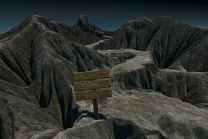 Empty wooden guide board and mountain road, 3d rendering. photo