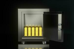 Mechanical safe, with gold bar inside, 3d rendering. photo