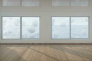 Spheres floating on the sea,empty room,abstract conception,3d rendering. photo