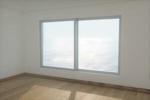 The empty room with wooden floor. Out of the window is the sea. 3d rendering. photo