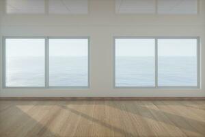 The empty room with wooden floor. Out of the window is the sea. 3d rendering. photo