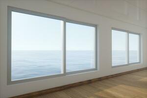 The empty room with wooden floor. Out of the window is the sea. 3d rendering. photo