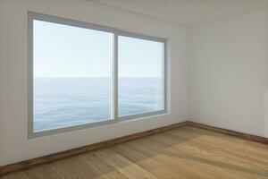 The empty room with wooden floor. Out of the window is the sea. 3d rendering. photo