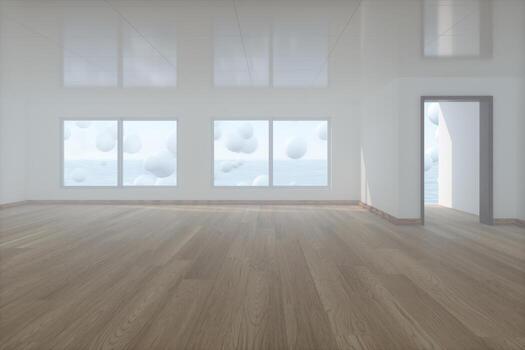 Spheres floating on the sea,empty room,abstract conception,3d rendering. photo