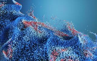 Colored particles with blue background, 3d rendering. photo