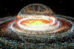 Glowing particles and milky way galaxy,explosive sparks,3d rendering. photo