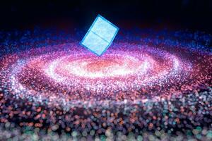 Glowing particles and milky way galaxy,explosive sparks,3d rendering. photo