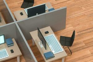 oficina modelo con de madera piso, abstracto concepción, 3d representación. foto