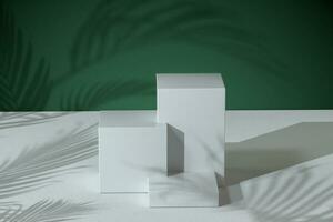 Cube object stand with green wall, 3d rendering. photo