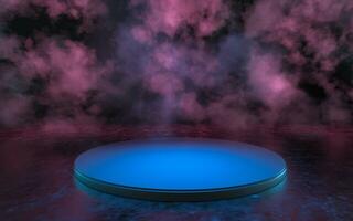 Empty round stage with glowing neon lines in the dark basement, 3d rendering. photo