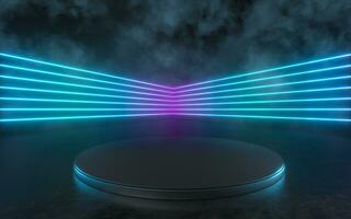 Empty round stage with glowing neon lines in the dark basement, 3d rendering. photo