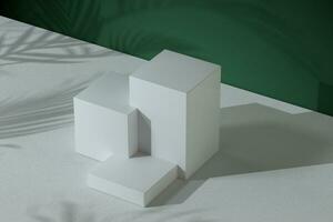 Cube object stand with green wall, 3d rendering. photo