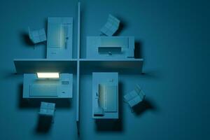 oficina modelo con oscuro fondo abstracto concepción, 3d representación. foto