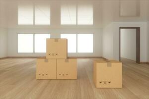 Stacked cardboard in the empty room, with sunlight come from the windows, 3d rendering. photo