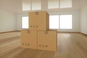 Stacked cardboard in the empty room, with sunlight come from the windows, 3d rendering. photo