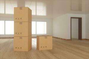 Stacked cardboard in the empty room, with sunlight come from the windows, 3d rendering. photo