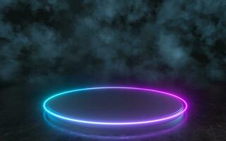 Empty round stage with glowing neon lines in the dark basement, 3d rendering. photo