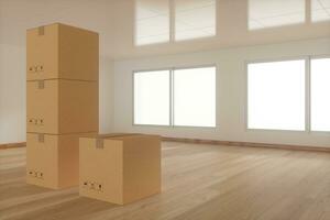 Stacked cardboard in the empty room, with sunlight come from the windows, 3d rendering. photo