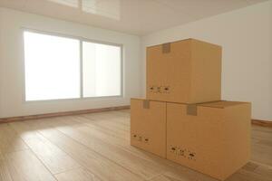 Stacked cardboard in the empty room, with sunlight come from the windows, 3d rendering. photo