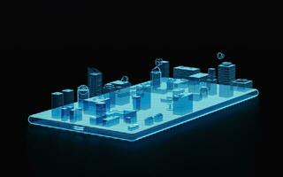 Holographic image of city on mobile phone, futuristic element, 3d rendering. photo